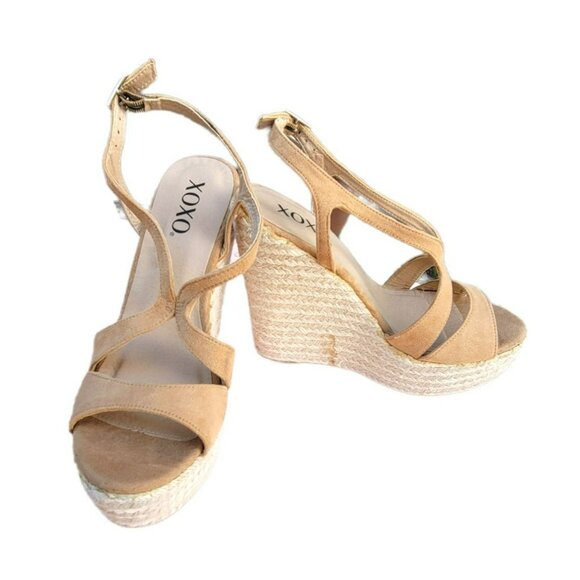 Beige Suede Platform Sandals Heels Wedges XOXO Sabeen Sand Neutral Size 8 LH8228 - Picture 1 of 8